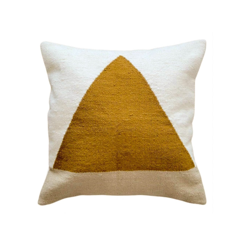 Decorative pillow with a mustard yellow triangle on a white background