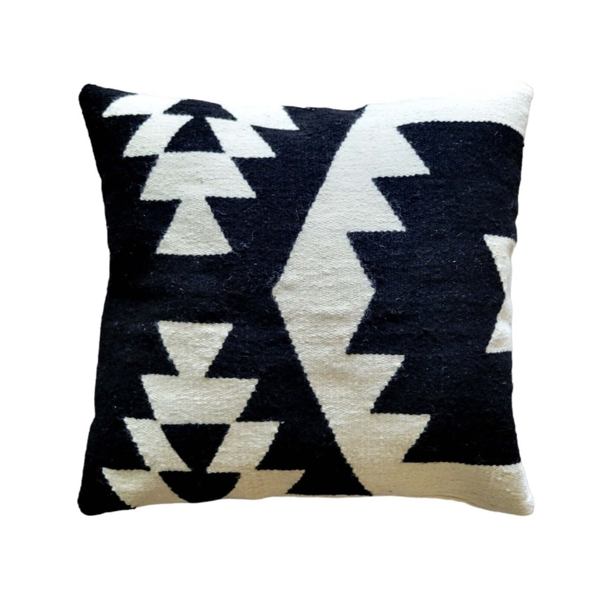 Decorative pillow with black and Cream Ivory geometric pattern on a white background