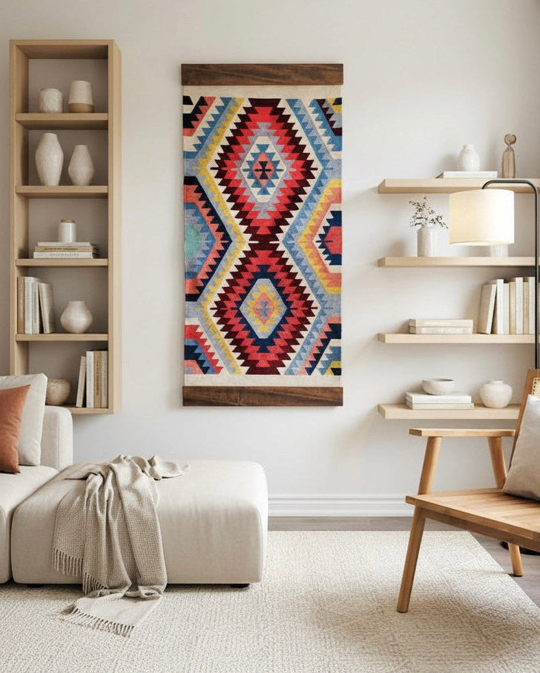 Living room with a colorful geometric painting on the wall, wooden shelves, and a sofa.