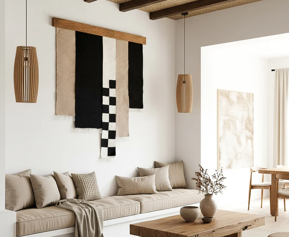 Modern living room with a beige sofa, wooden coffee table, and abstract art on the wall.