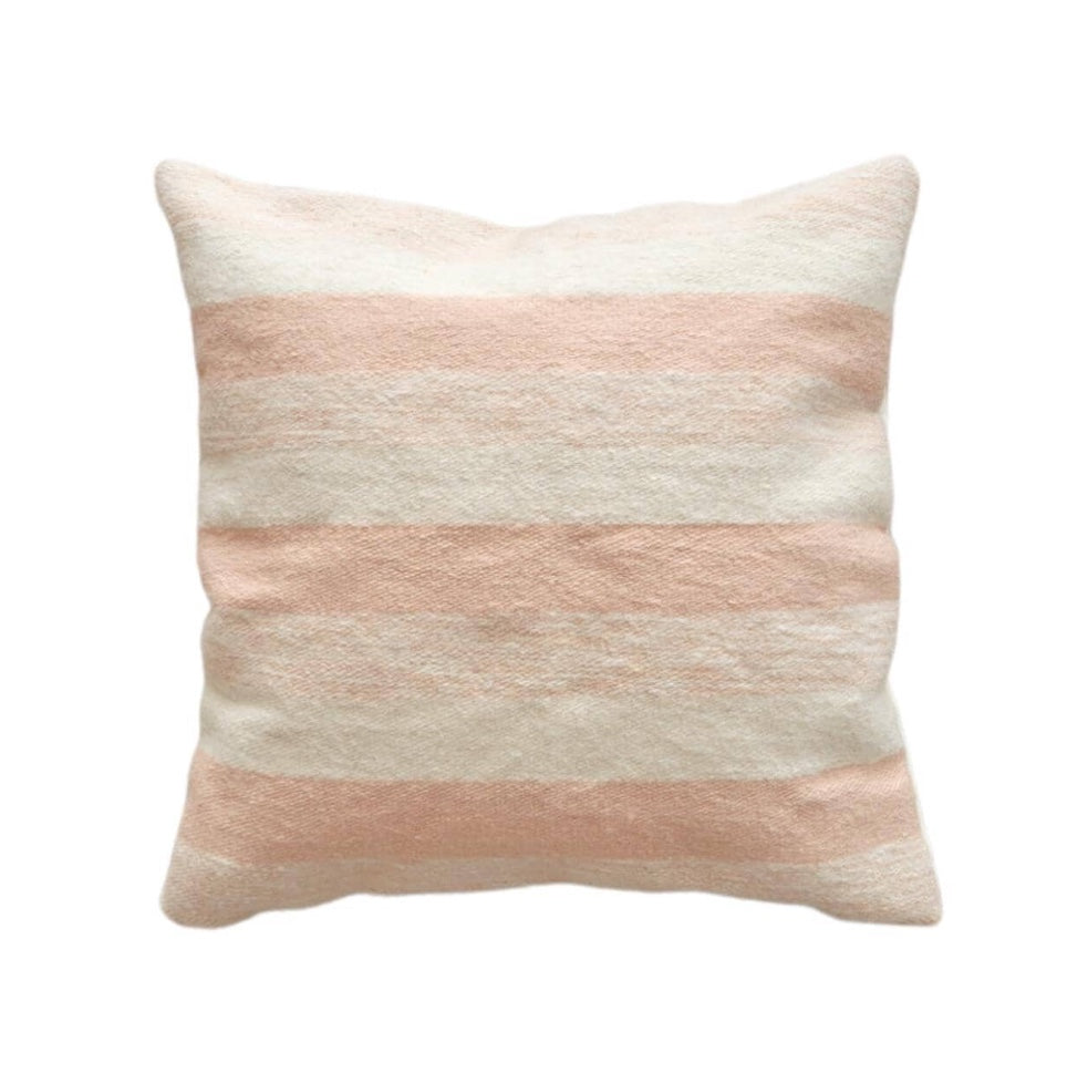 Striped pillow with pink and beige colors on a cream ivory background
