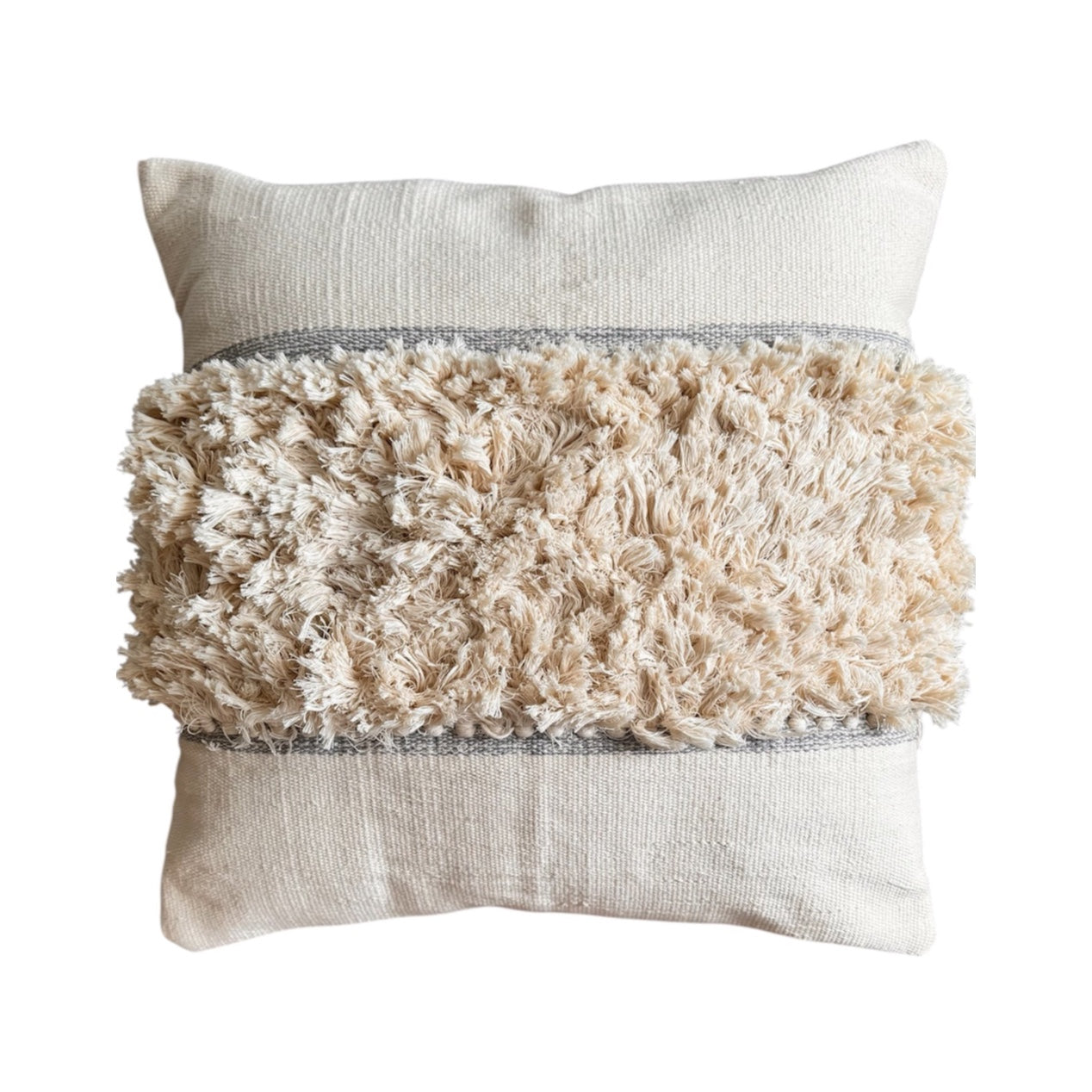 Decorative pillow with textured cream front and light gray back on a white background