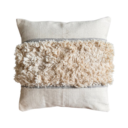 Decorative pillow with textured cream front and light gray back on a white background