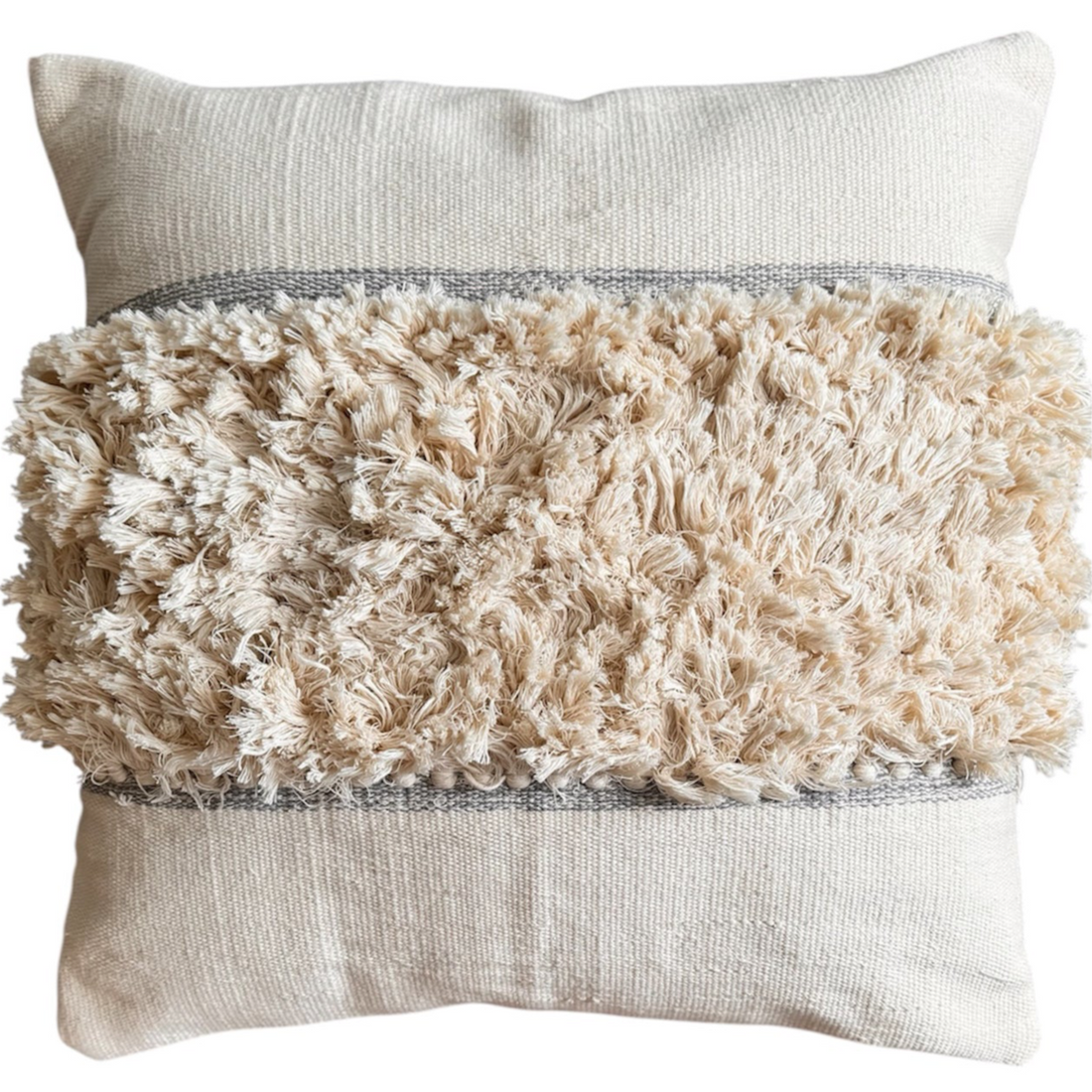 Decorative pillow with textured beige top and plain bottom on a white background