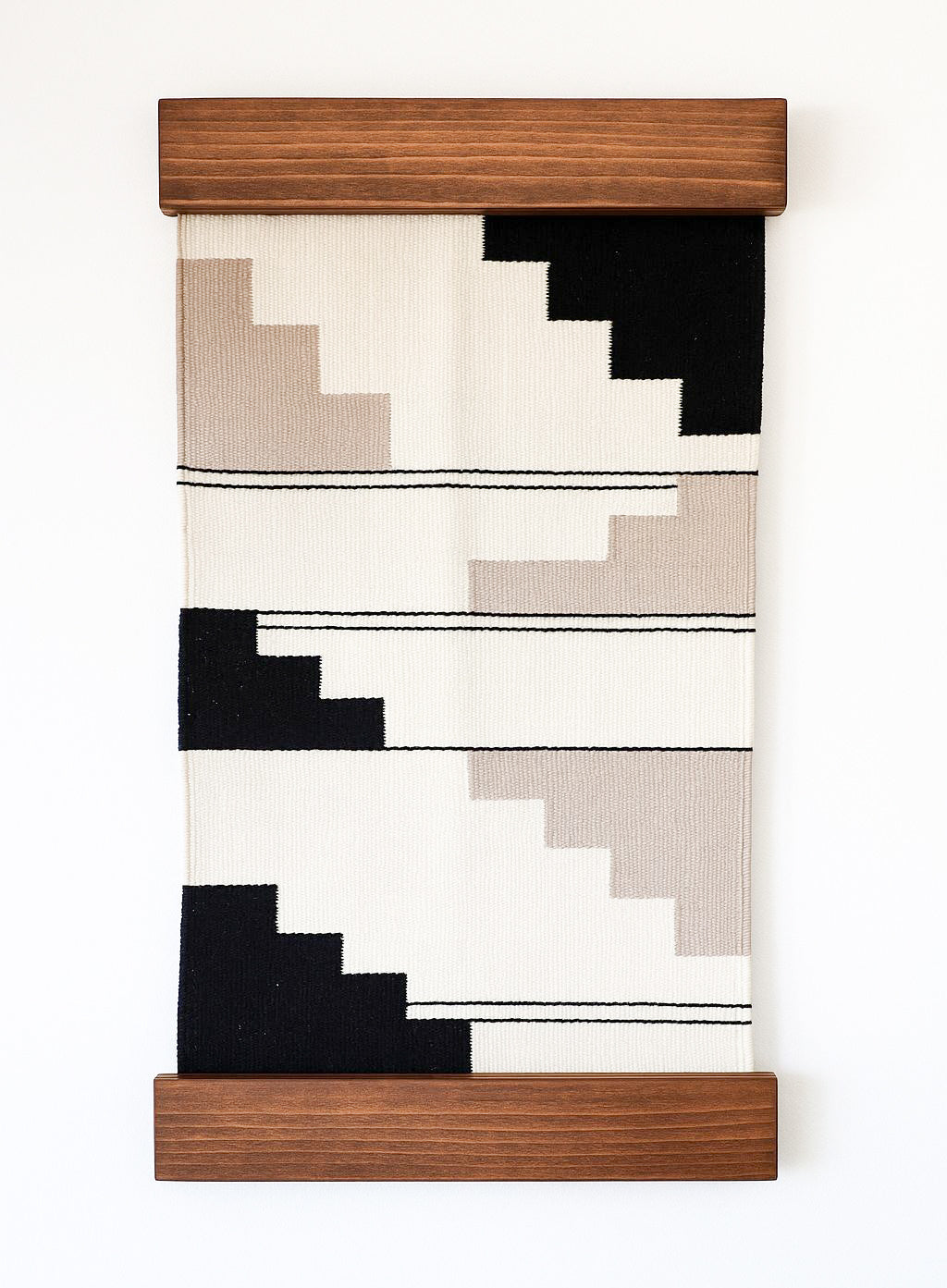Woven wall art with geometric pattern and wooden frame