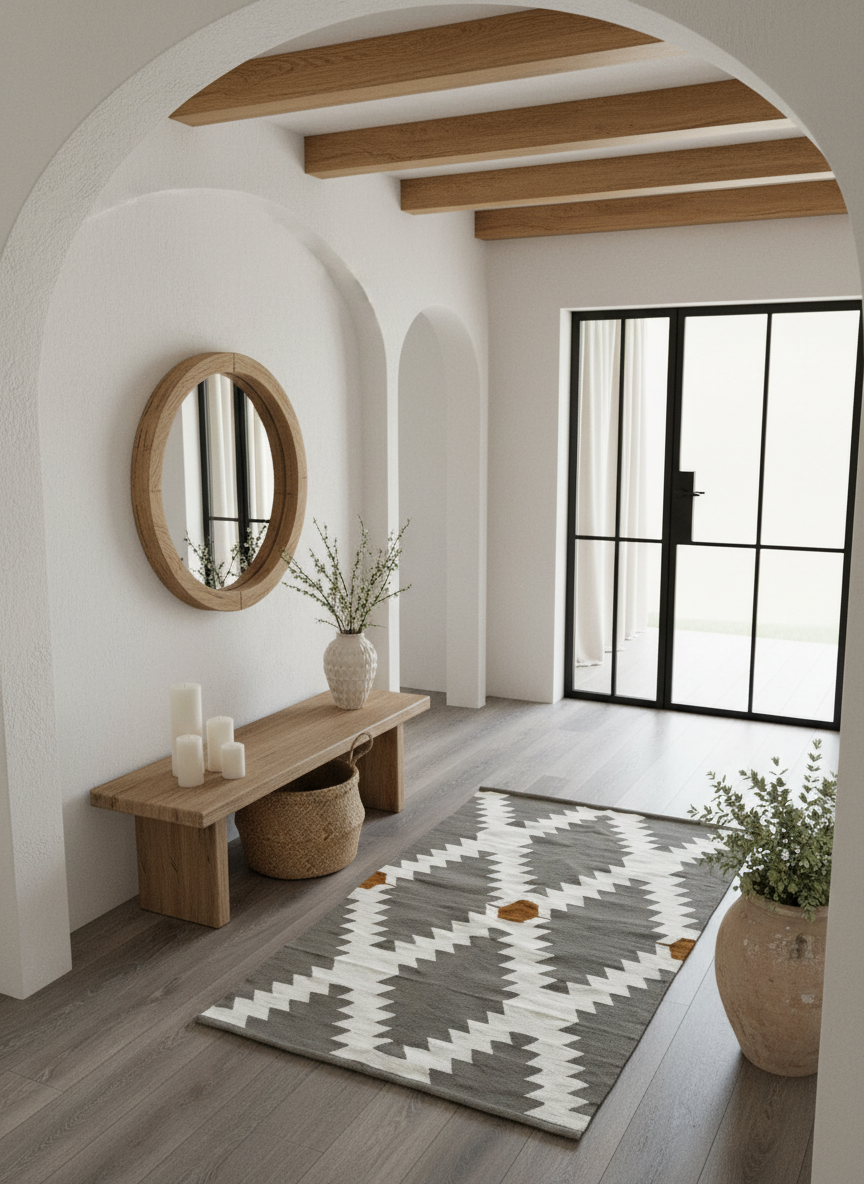 Modern interior with a rug, bench, mirror, and decorative items.