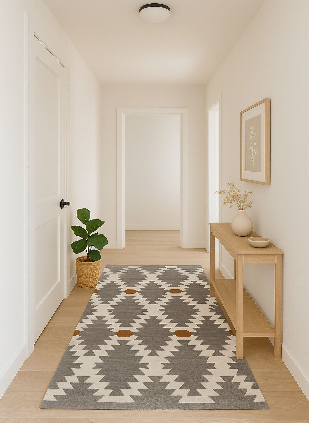 Modern hallway with a geometric patterned rug