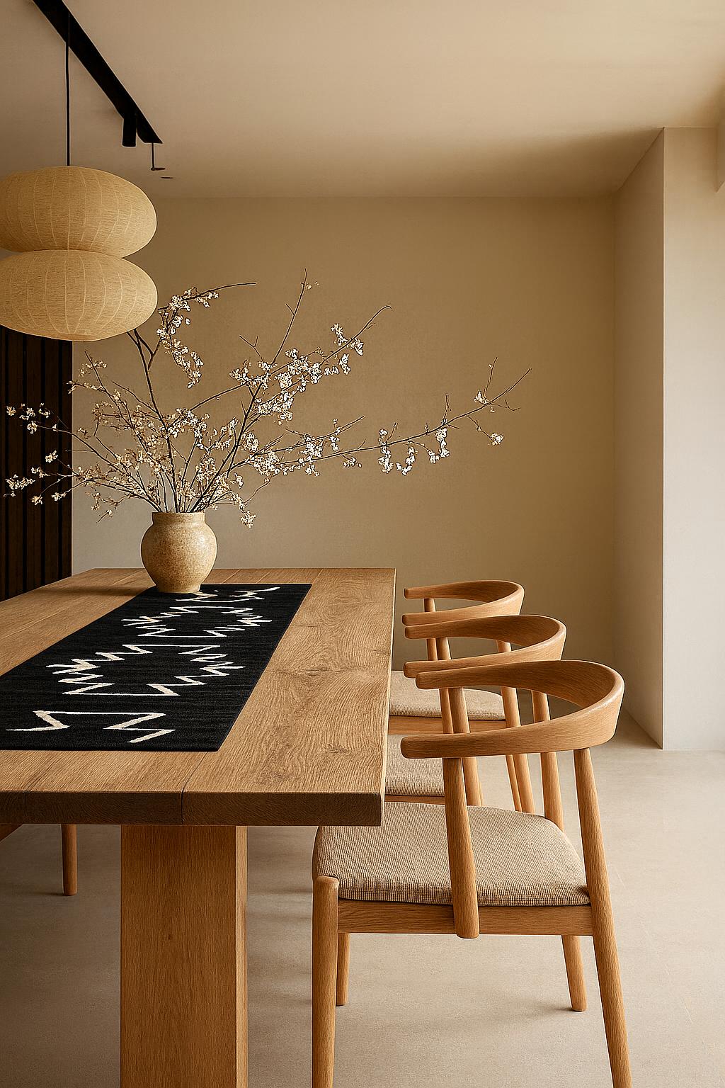 Dining room with a black cleo table runner and chairs