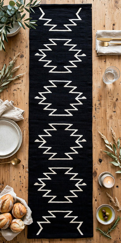 A long black woven table runner with a white geometric zigzag pattern, laid flat on a rustic wooden table surrounded by dining props like plates, bread, candles, and greenery.