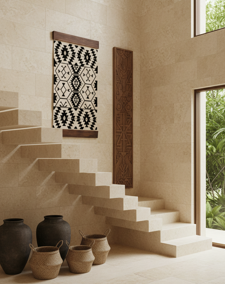 Black Geometrics wool wall hanging framed with stained wood for home decor