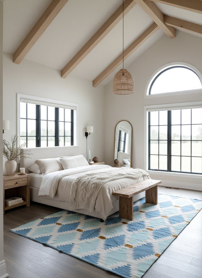 Modern bedroom with wooden beams, large windows, and a geometric rug.