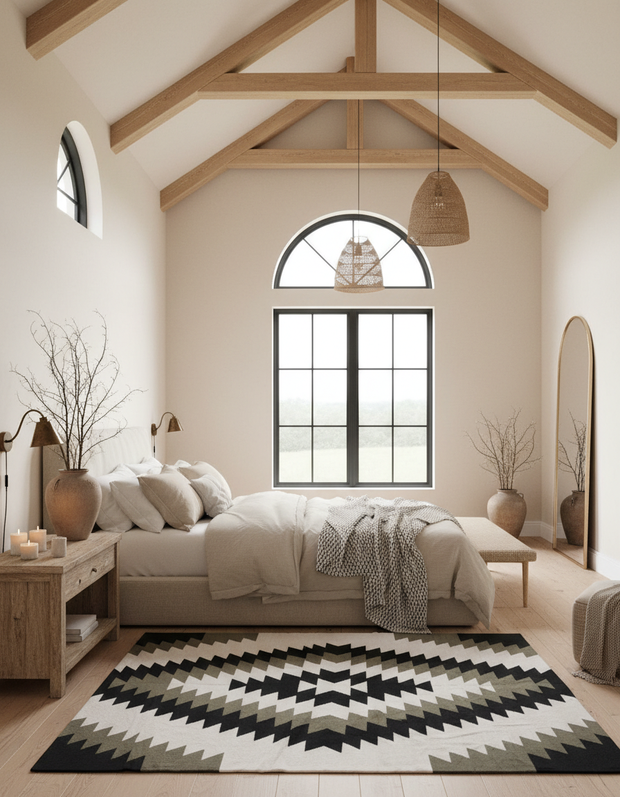 Modern bedroom with vaulted ceiling, large windows, and geometric rug.