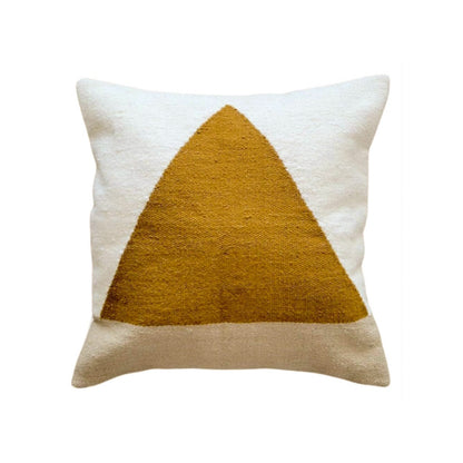 Decorative pillow with a mustard yellow triangle on a white background