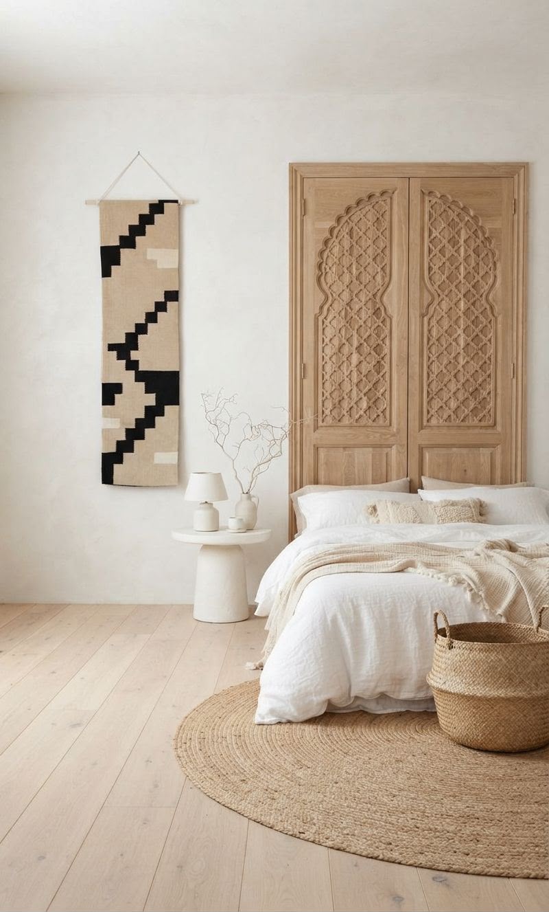 A styled bedroom interior featuring a light wood carved headboard, white bedding, a round jute rug, a woven basket, and a geometric patterned wall hanging on a textured off-white wall.