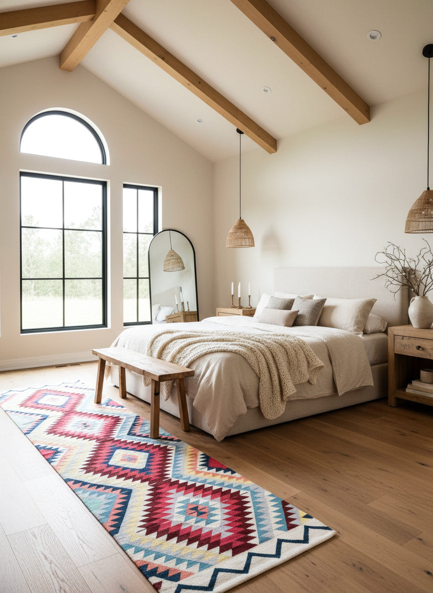 Modern bedroom with wooden beams, large windows, and a colorful rug.