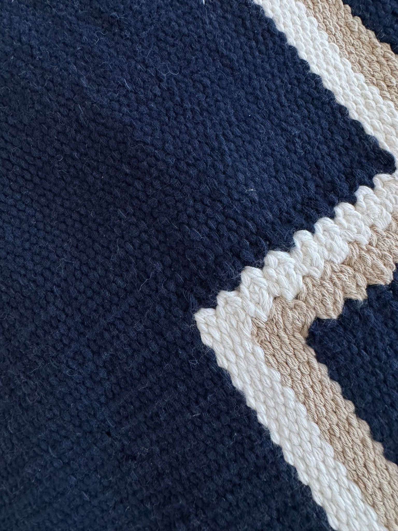 Close-up of a textured fabric with blue, beige, and white colors.