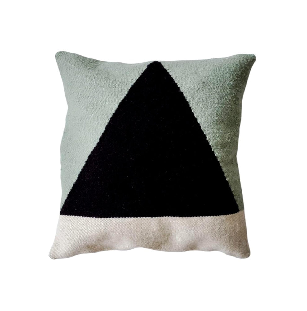 Decorative pillow with a black triangle on a Sage Green background
