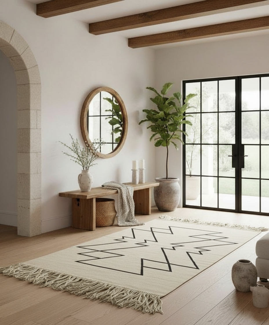 Modern interior with a geometric rug, wooden bench, and decorative plants.