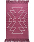 Deep wine rug with white geometric pattern and fringes on a white background