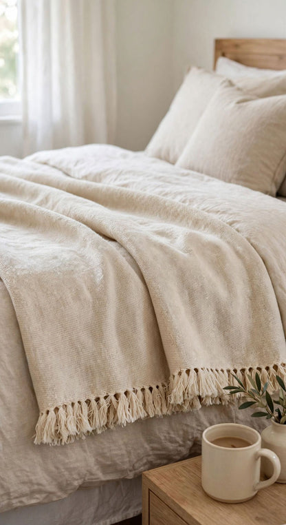 A soft cream-colored textured throw blanket with fringe trim draped over a bed in a bright, neutral bedroom setting, with matching pillows, a wooden headboard, and a bedside mug on a nightstand.