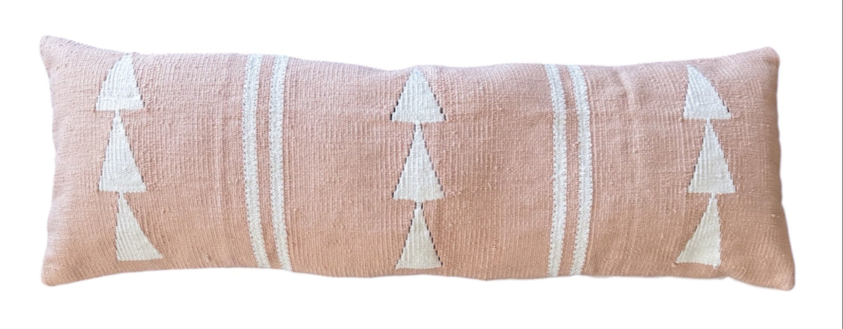 Long rectangular pillow with geometric pink pattern on a white background