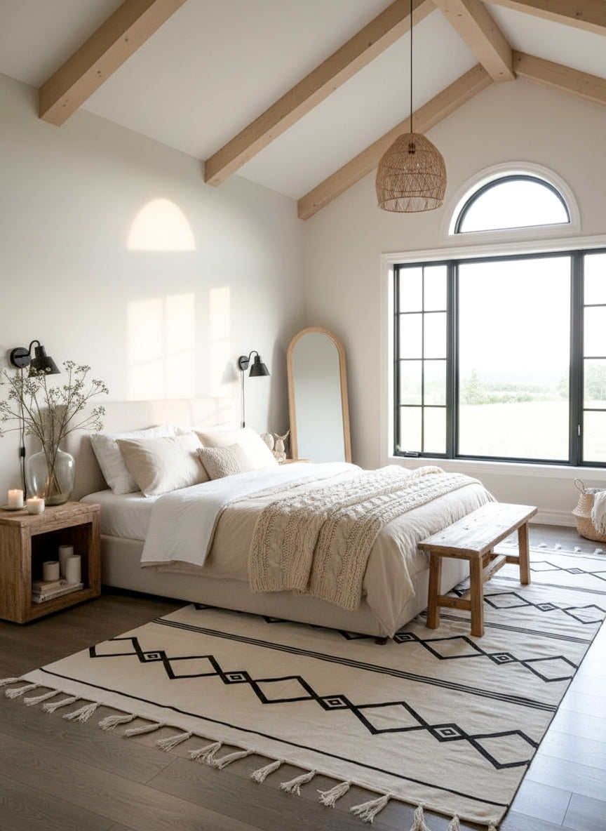 Modern bedroom with wooden beams, large window, and decorative rug.