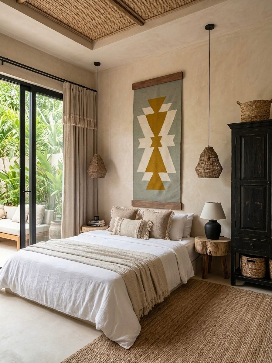 Cozy bedroom with a bed, wall art, and natural decor elements.