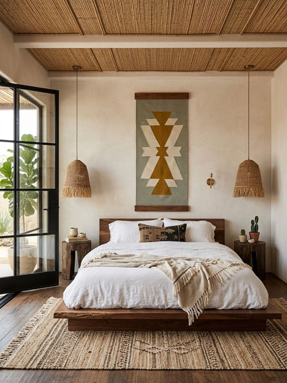 Cozy bedroom with wooden platform bed, geometric wall art, and natural lighting.