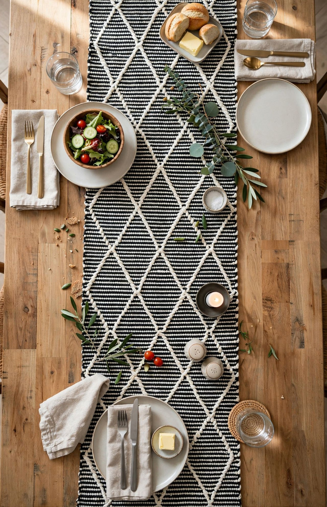 Black Minimal Textured Cotton Table Runner