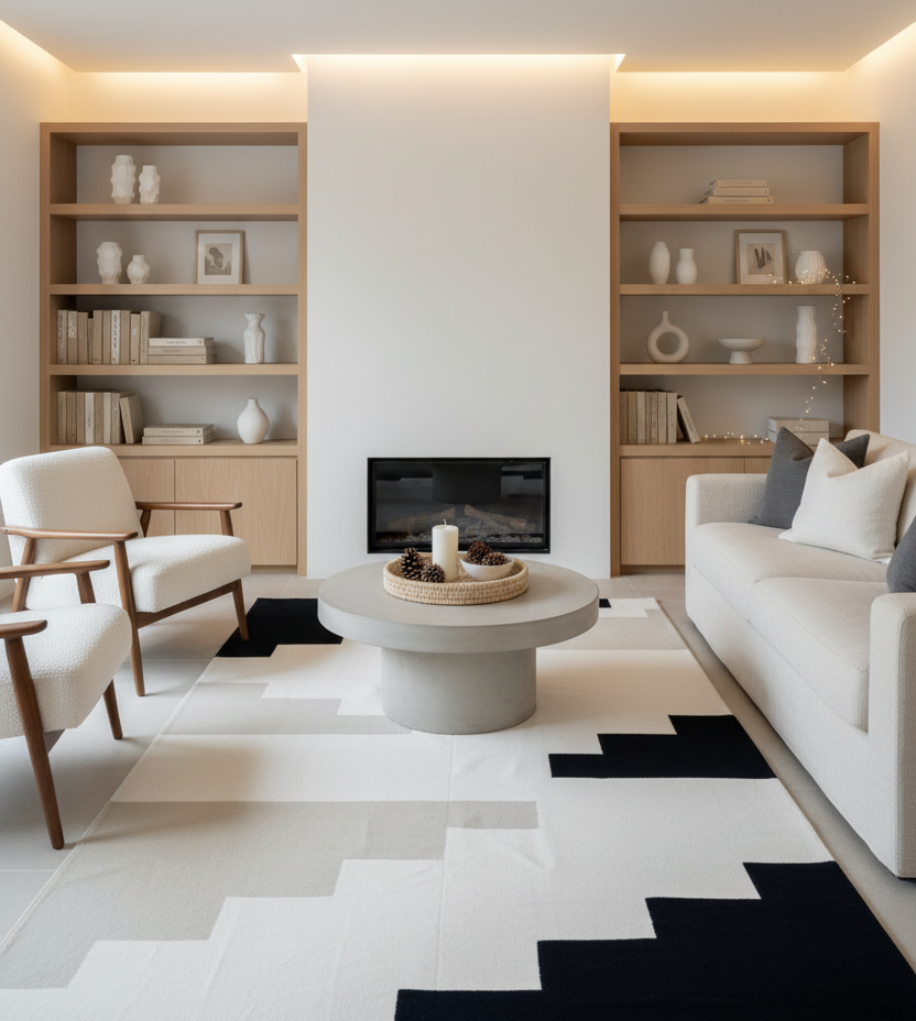 Modern living room with a geometric rug white furniture, bookshelves, and a fireplace.