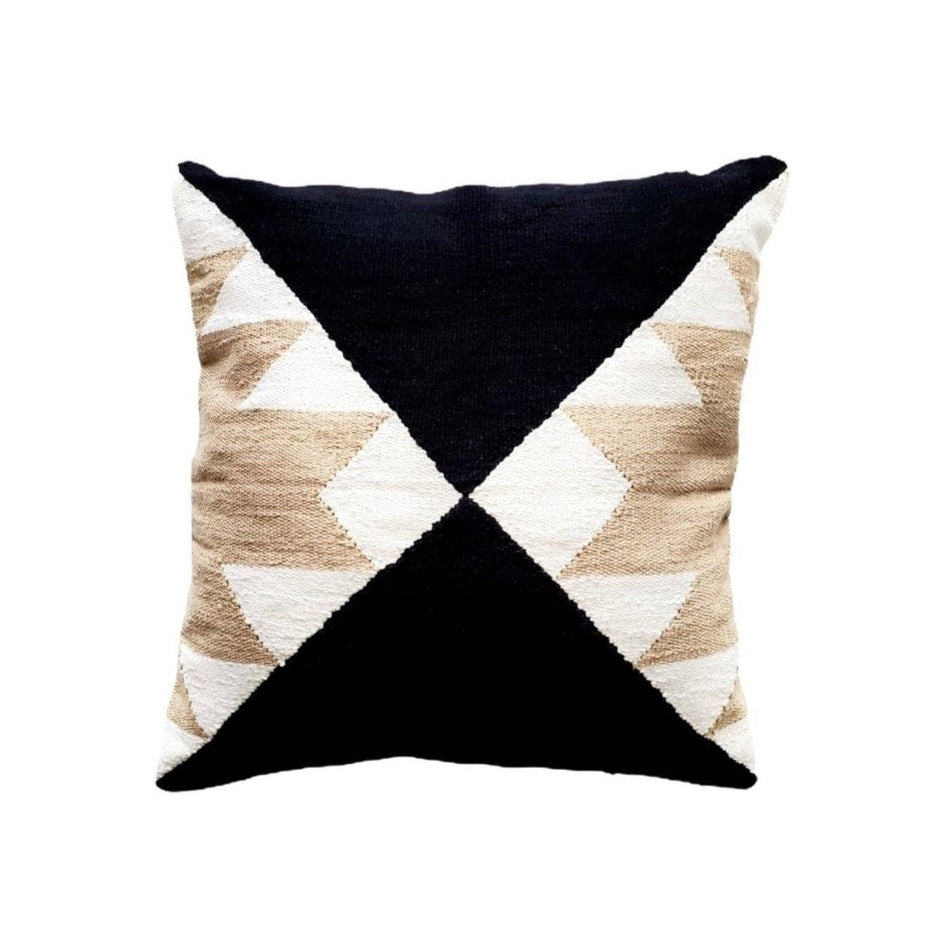 Decorative pillow with black, beige, and white geometric pattern on a white background