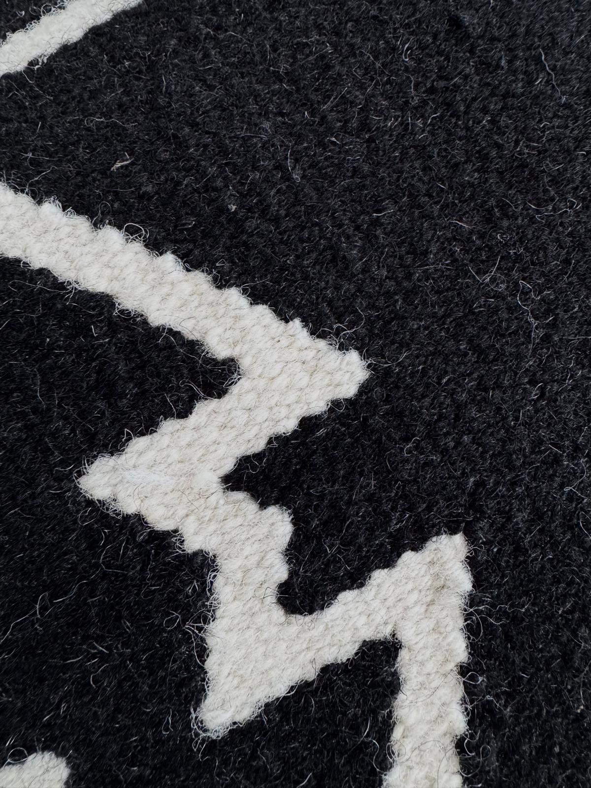 Close-up of a black fabric with white geometric patterns
