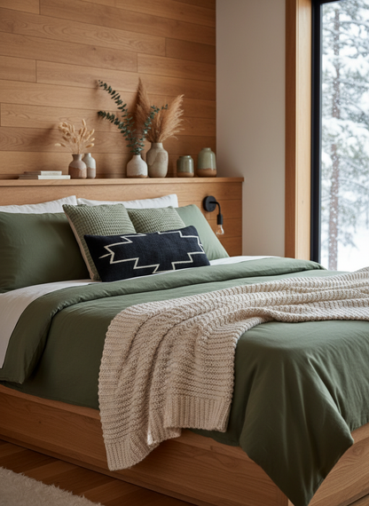 Bedroom with wooden headboard, green bedding, and decorative pillows.