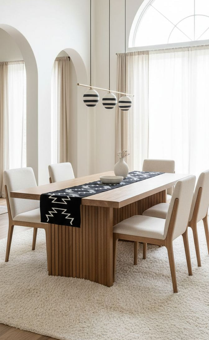 Modern dining room with wooden table and white chairs, featuring a black and white patterned table runner.